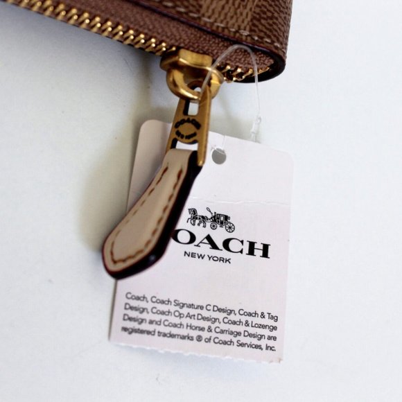 Coach Signature Coated Canvas Colorblock Leather Slim Accordion Zip Wallet Tan - Picture 4 of 7